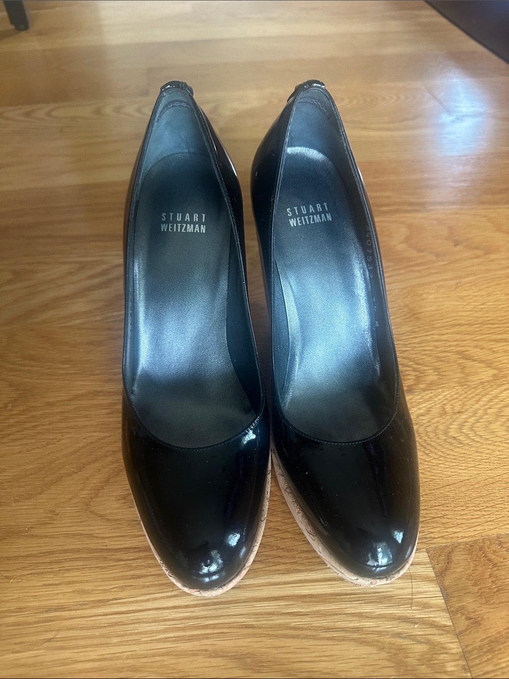 Stuart Weitzman Corkswoon Black Patent Cork Wedge Pumps Heels Sz 7.5 NIB